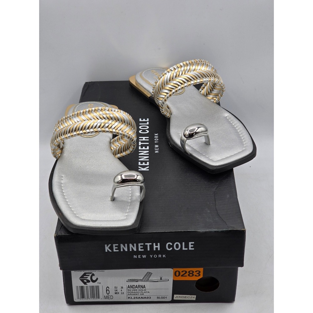 Kenneth‎ Cole Andarna Sandals Womens 6 Silver Gold Woven Toe Ring Flat - New